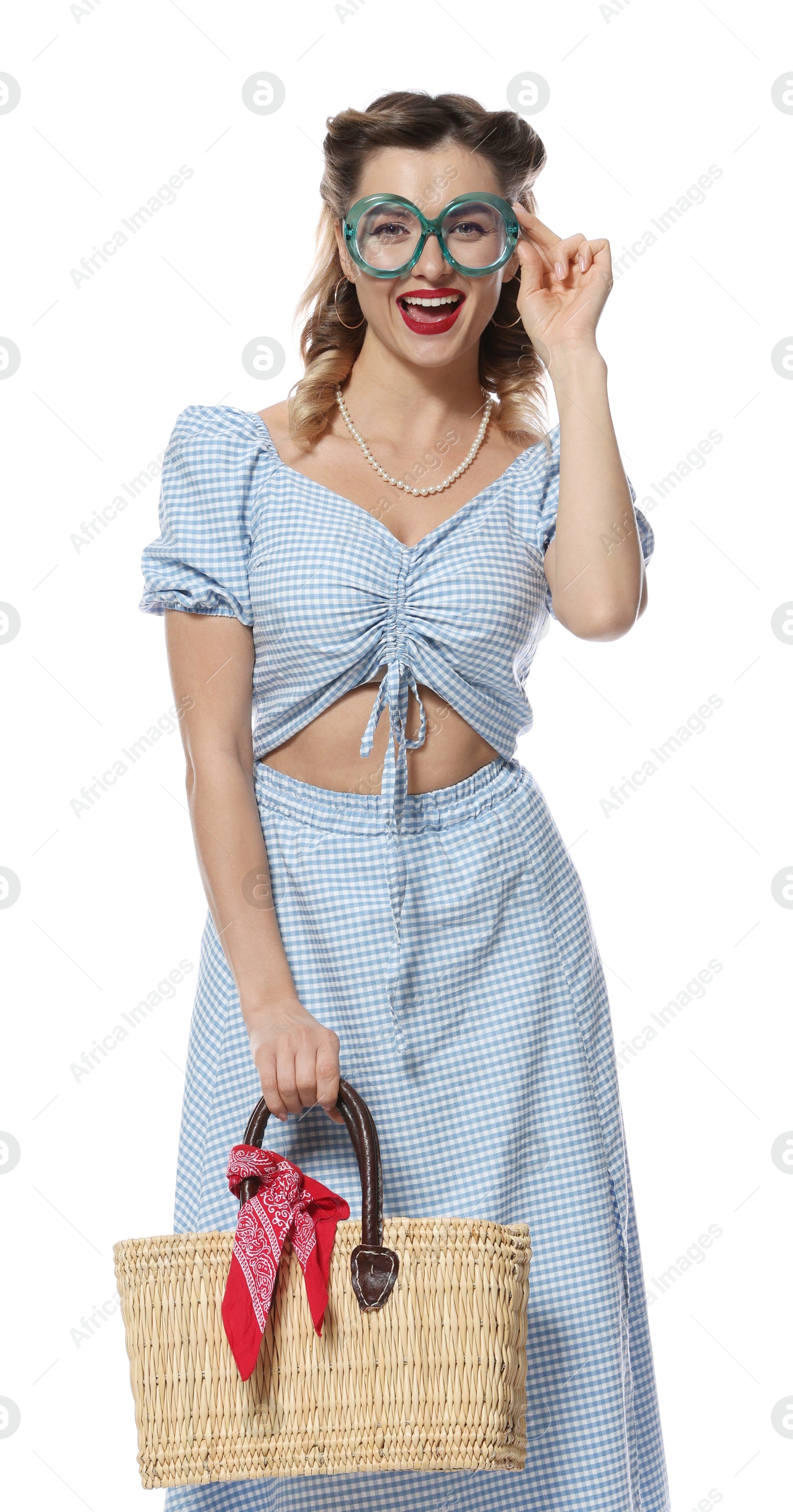 Photo of Happy pin-up woman posing on white background