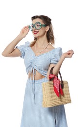 Photo of Happy pin-up woman posing on white background