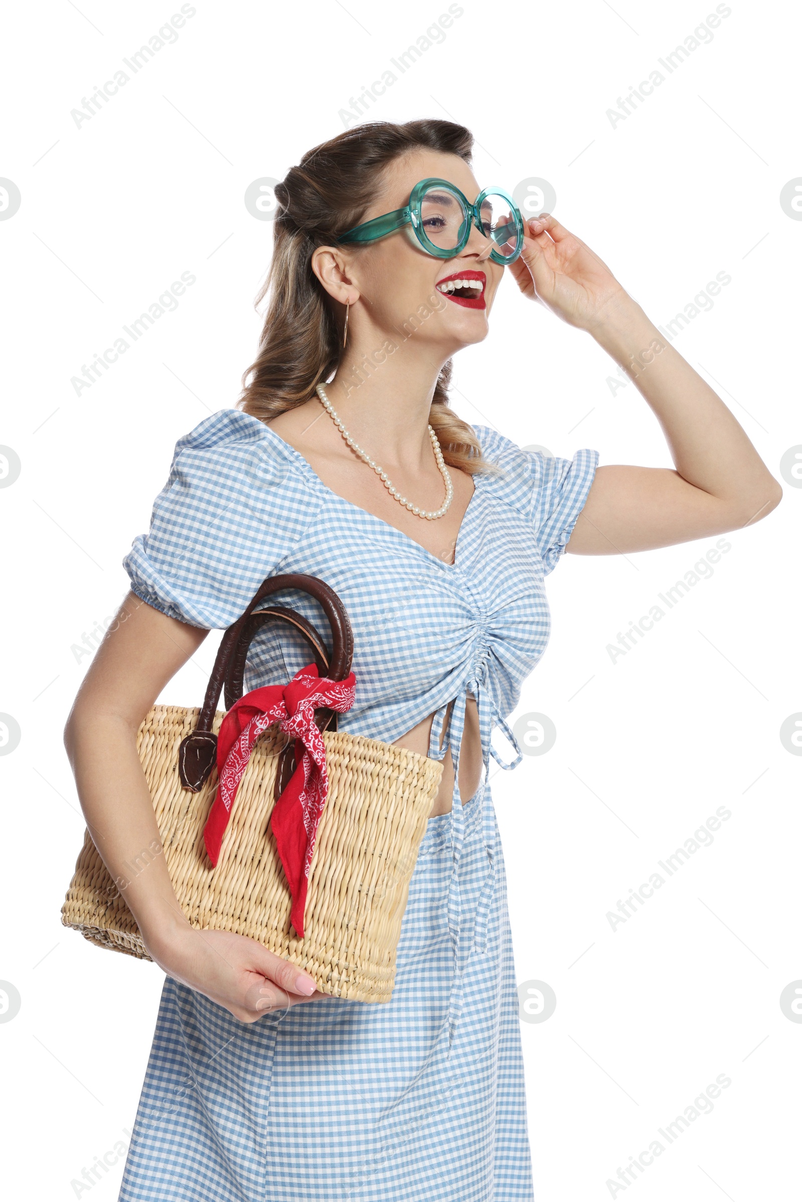 Photo of Happy pin-up woman posing on white background