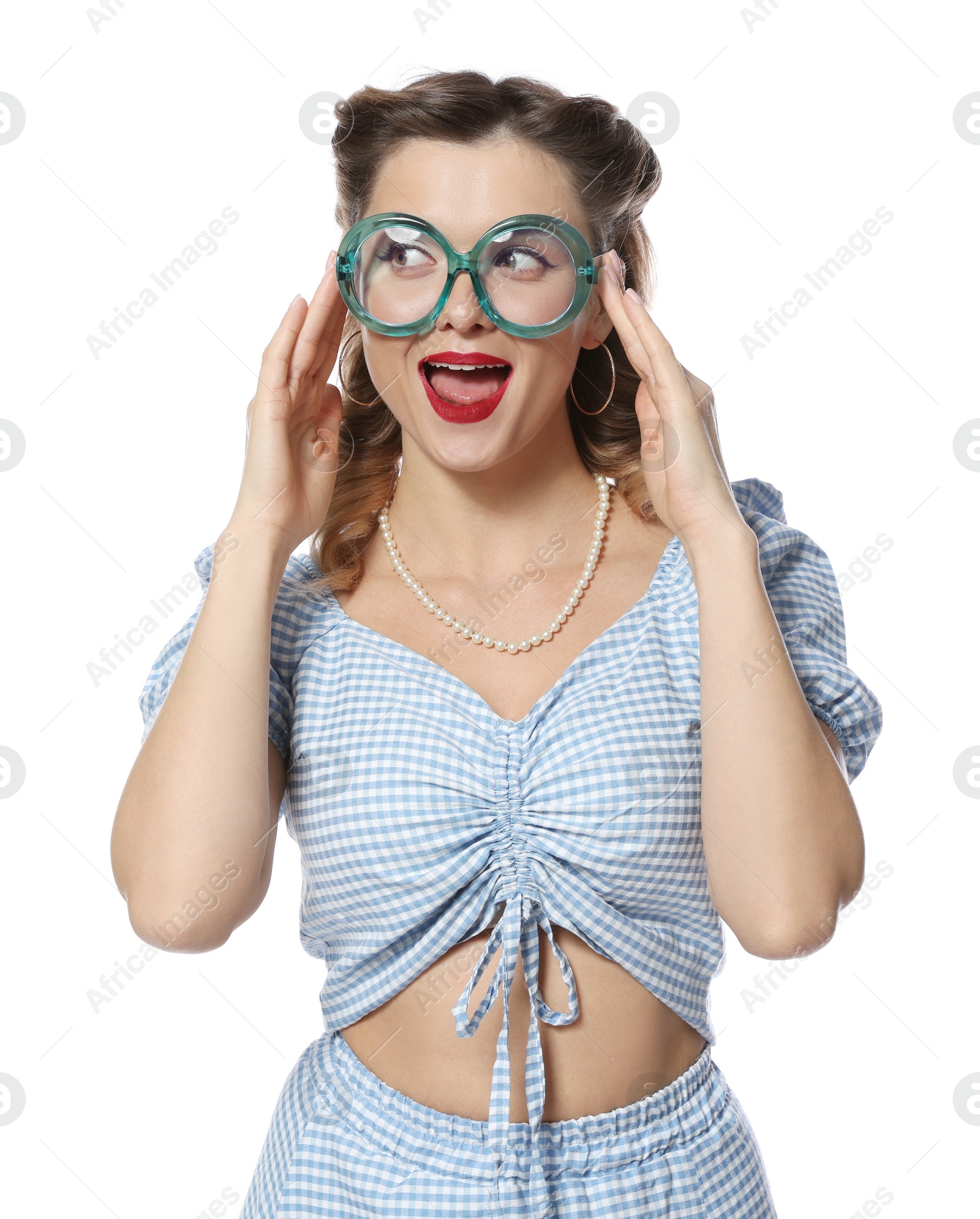 Photo of Portrait of happy pin-up woman on white background