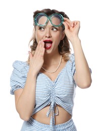 Photo of Portrait of surprised pin-up woman on white background