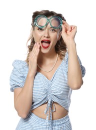 Photo of Portrait of surprised pin-up woman on white background