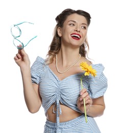 Photo of Happy pin-up woman with flower and glasses on white background