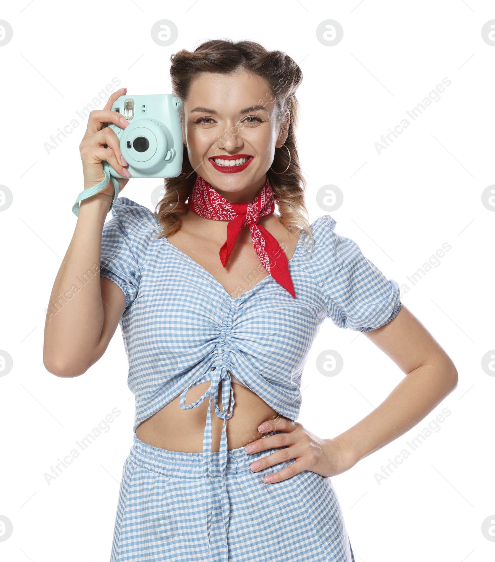 Photo of Happy pin-up woman with camera on white background