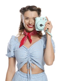 Photo of Happy pin-up woman with camera on white background