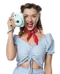 Photo of Happy pin-up woman with camera on white background