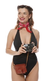 Photo of Happy pin-up woman in swimsuit with vintage camera on white background