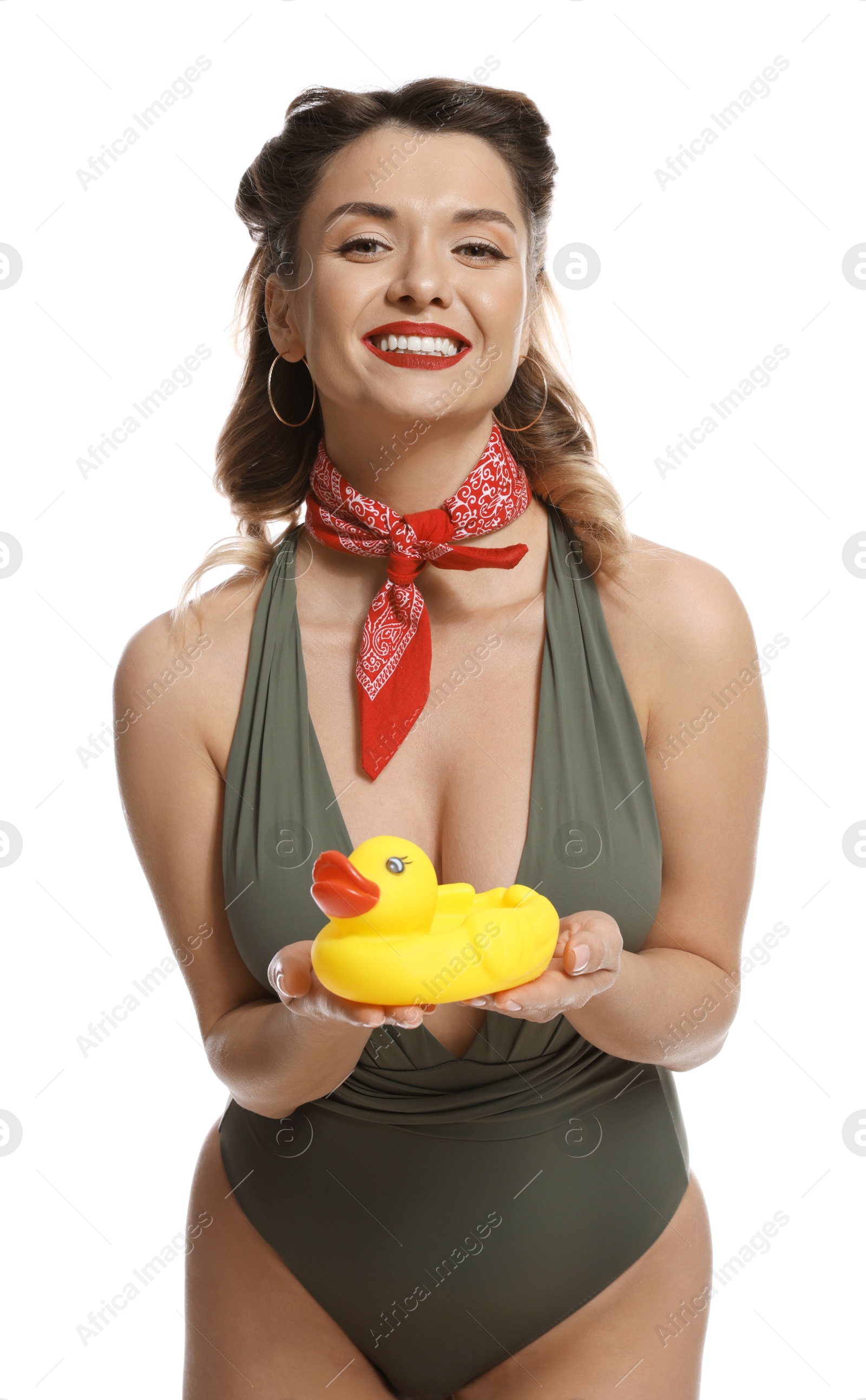 Photo of Happy pin-up woman in swimsuit with rubber duck on white background