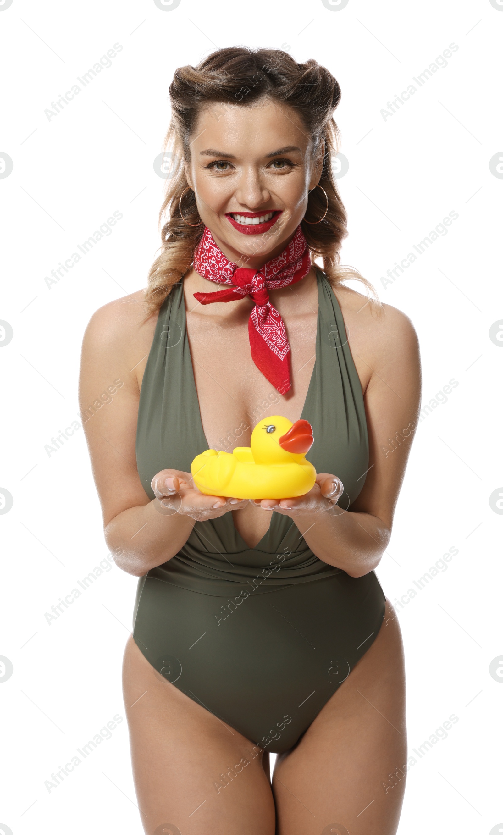 Photo of Happy pin-up woman in swimsuit with rubber duck on white background