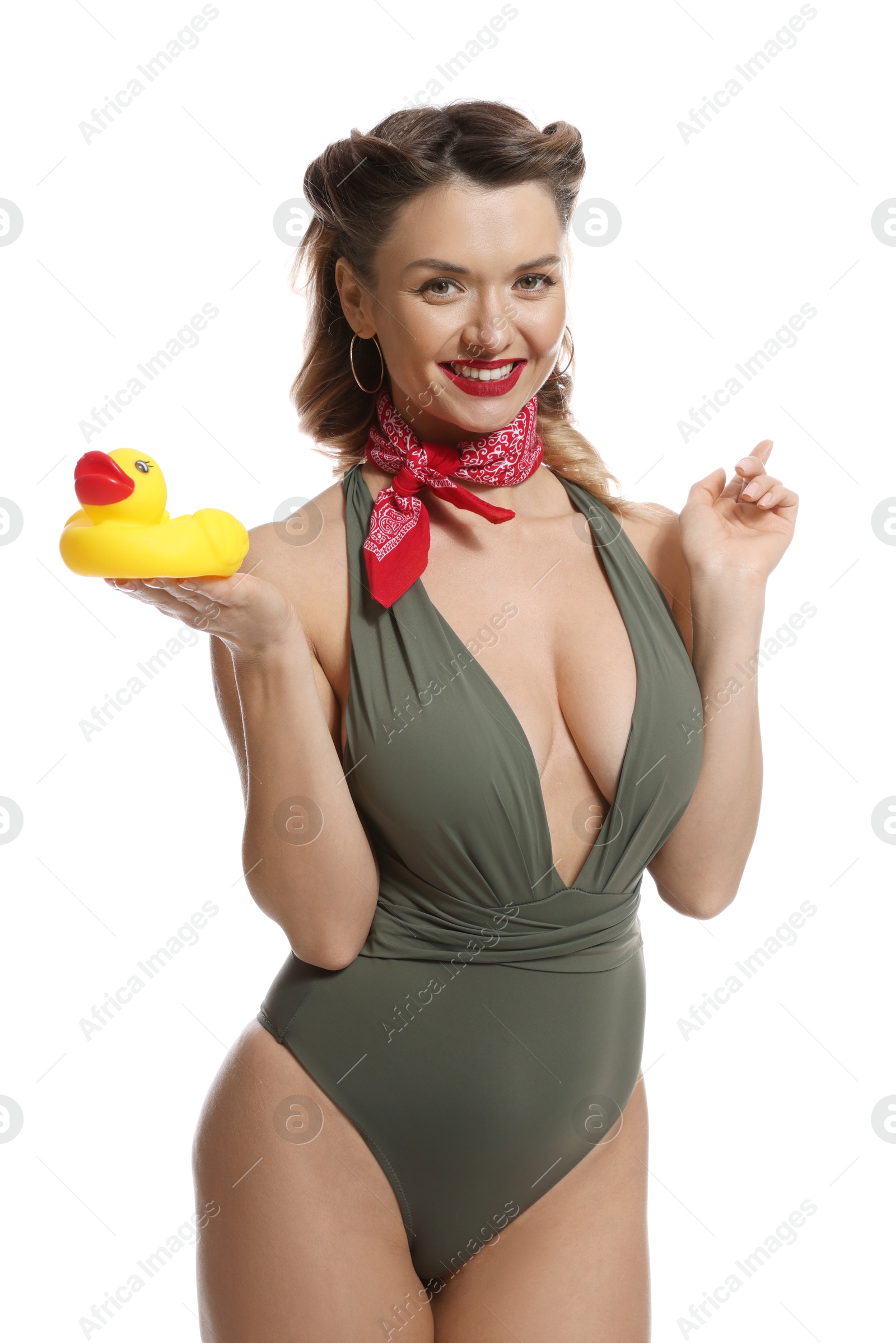 Photo of Happy pin-up woman in swimsuit with rubber duck on white background