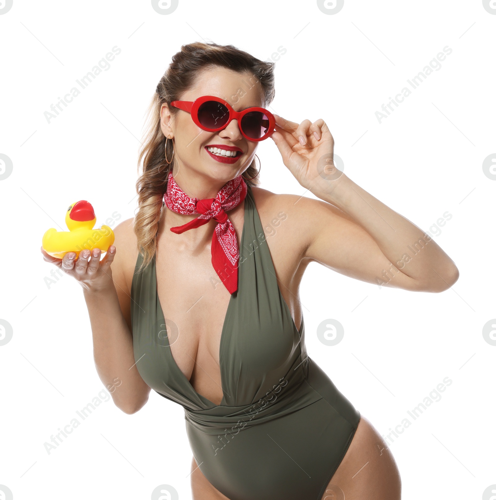 Photo of Happy pin-up woman in swimsuit with rubber duck on white background