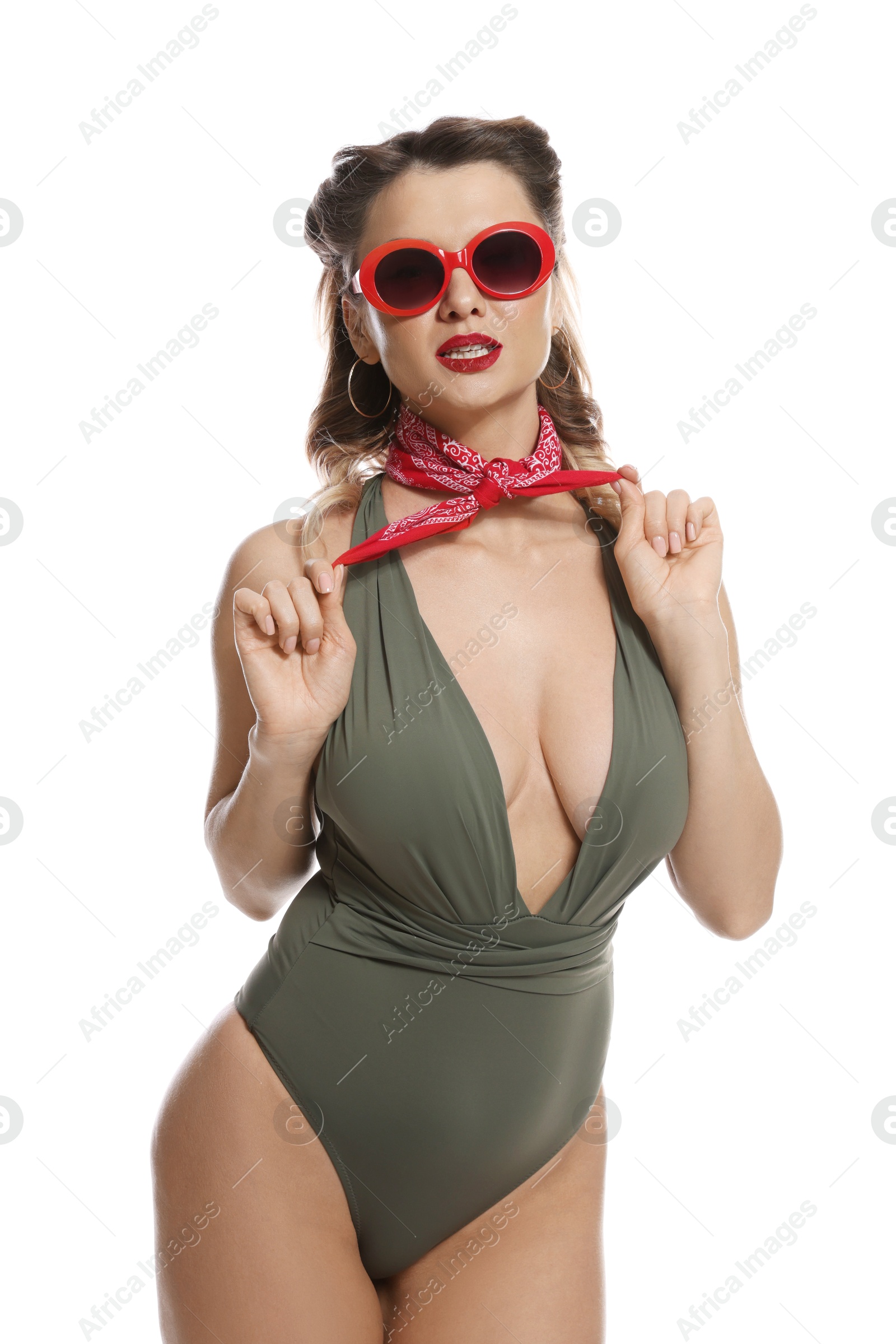 Photo of Attractive pin-up woman in swimsuit on white background