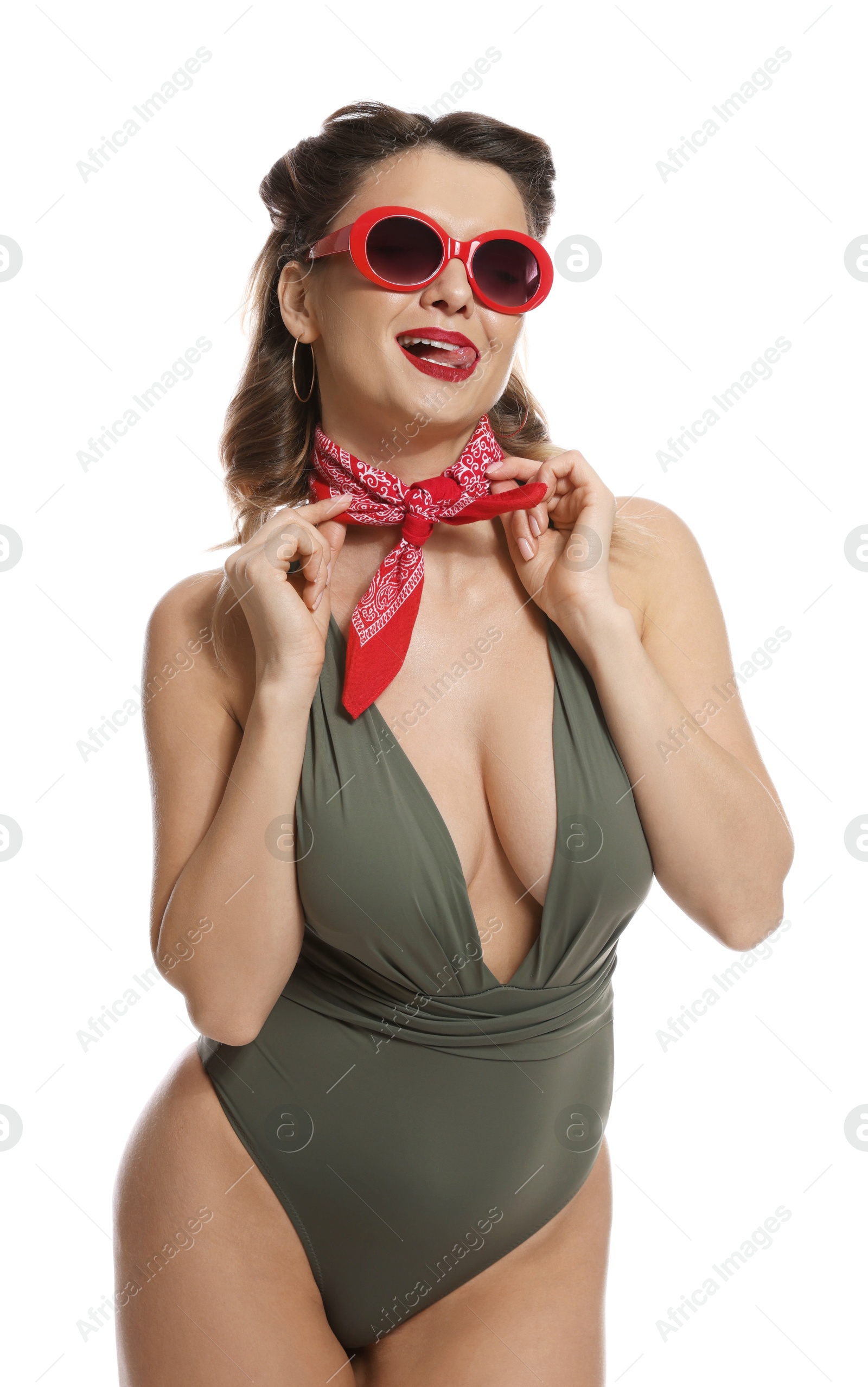 Photo of Attractive pin-up woman in swimsuit on white background