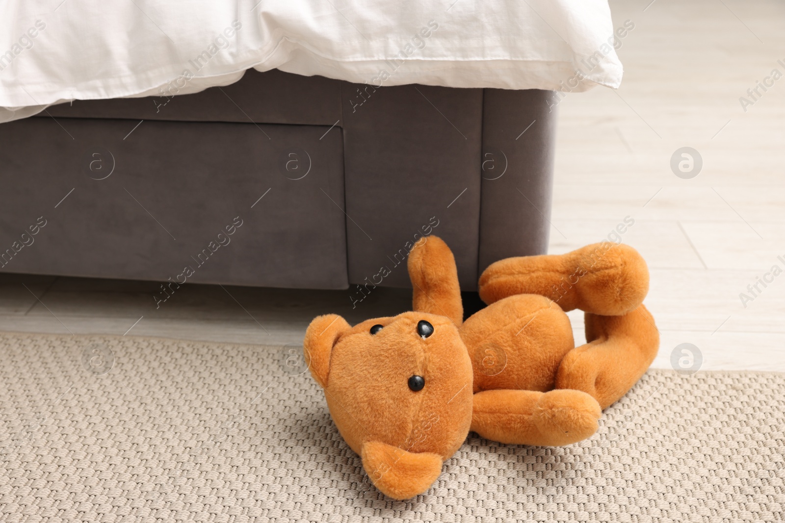 Photo of Lost teddy bear near bed on floor in room