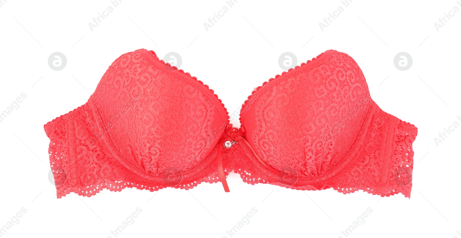 Photo of Beautiful red bra isolated on white, top view