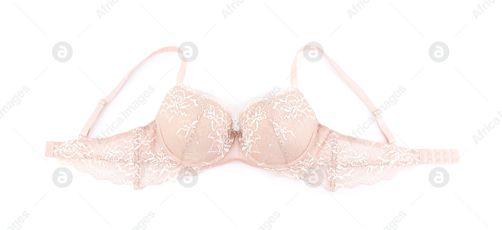 Photo of Beautiful beige bra isolated on white, top view