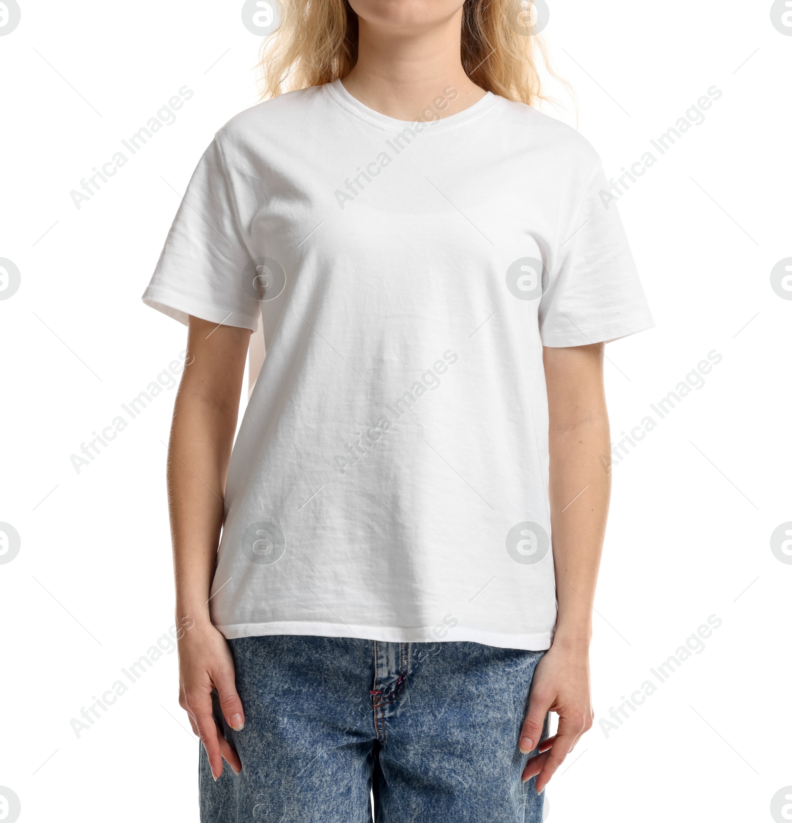 Photo of Young woman wearing blank t-shirt on white background, closeup. Mockup for design