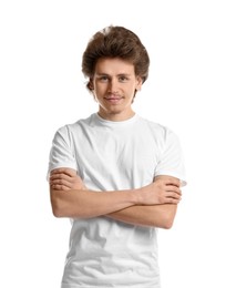 Photo of Young man wearing blank t-shirt on white background. Mockup for design