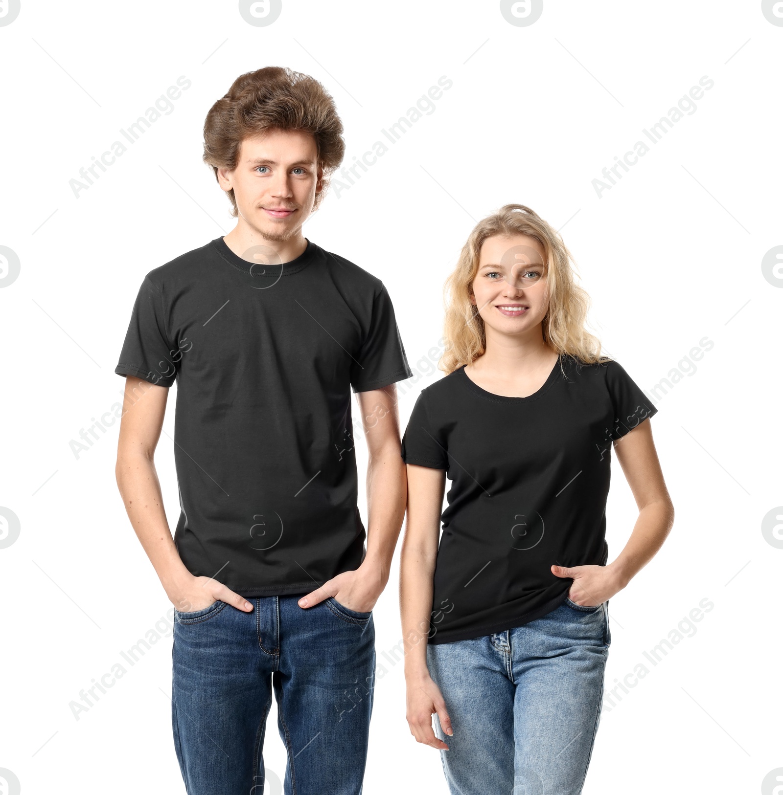 Photo of Young woman and man wearing blank black t-shirts on white background. Mockup for design