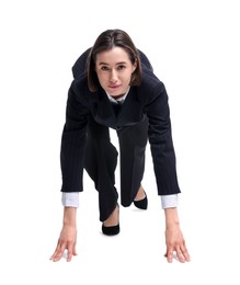 Photo of Businesswoman in starting position for run ready for competition on white background