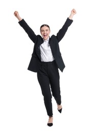 Photo of Business competition. Happy woman running on white background