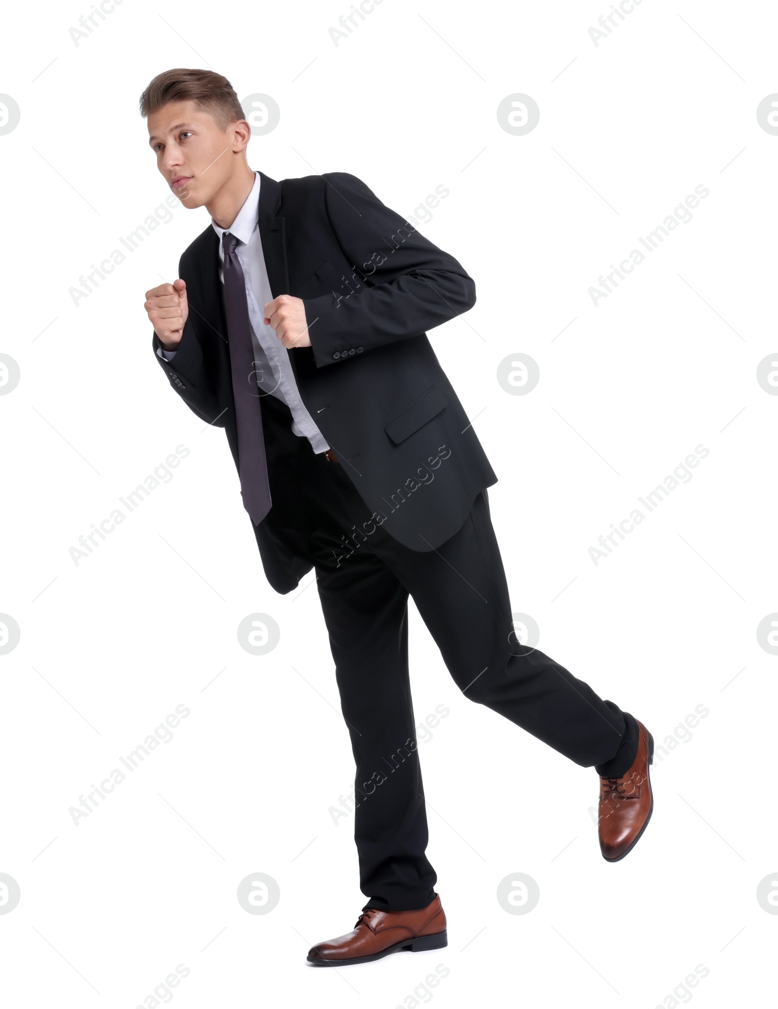 Photo of Business competition. Man running on white background