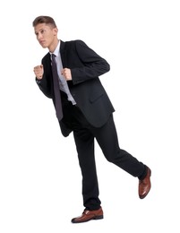 Photo of Business competition. Man running on white background