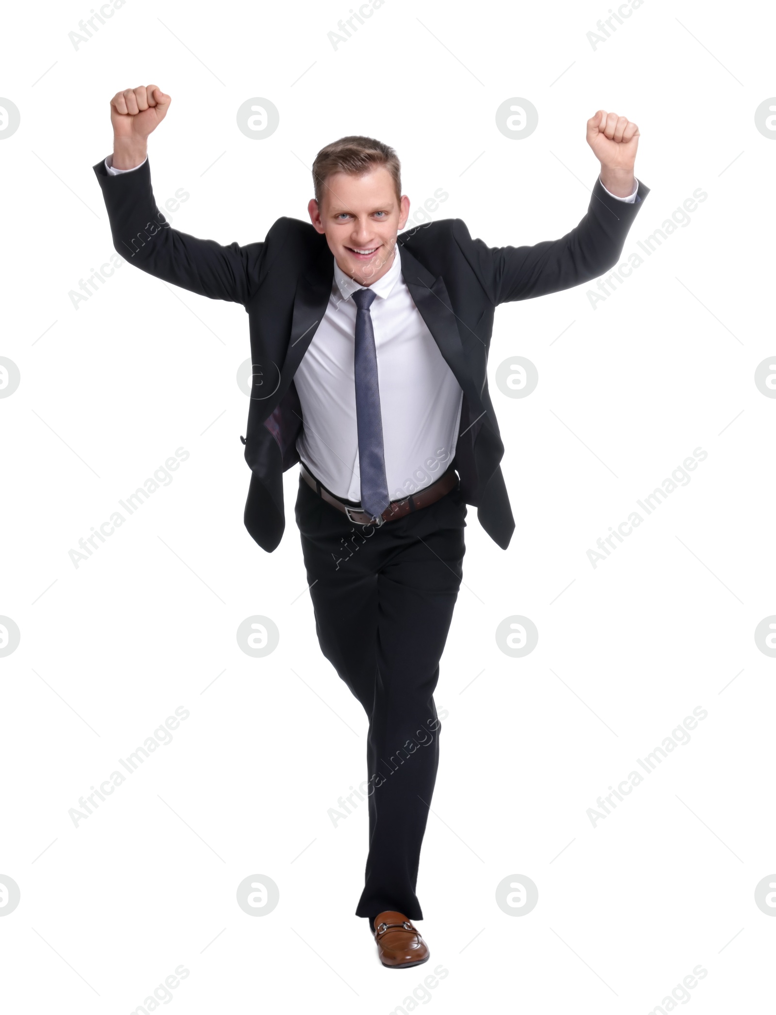 Photo of Business competition. Happy man running on white background