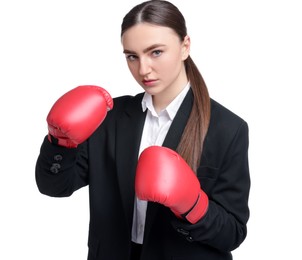 Photo of Competition. Businesswoman in suit wearing boxing gloves on white background