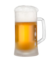 Photo of Glass mug of fresh beer with foam isolated on white