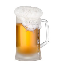 Glass mug of fresh beer with foam isolated on white