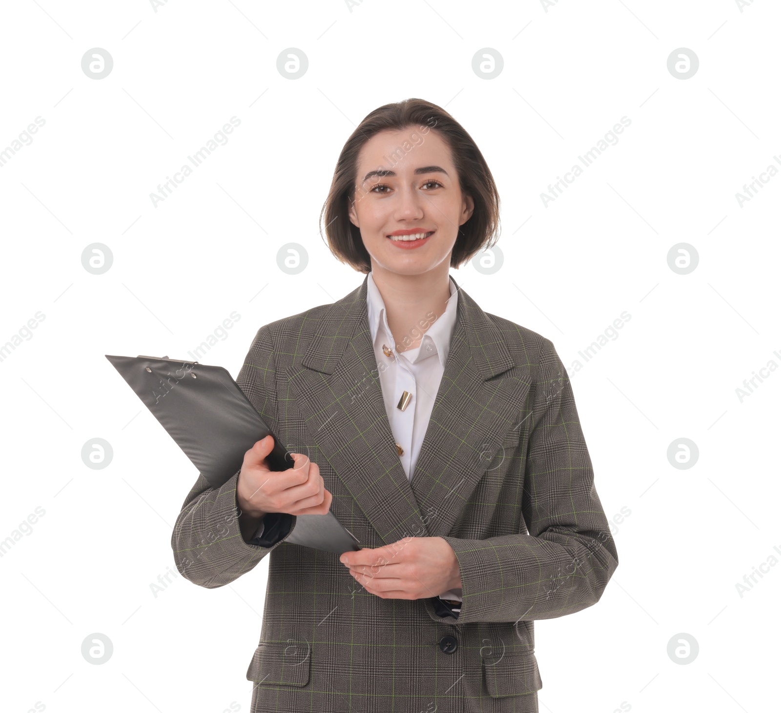 Photo of Portrait of young secretary with clipboard on white background