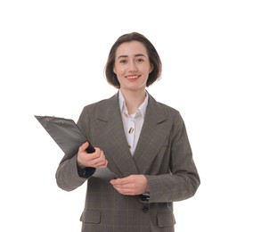 Portrait of young secretary with clipboard on white background