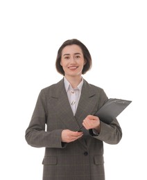 Photo of Portrait of young secretary with clipboard on white background