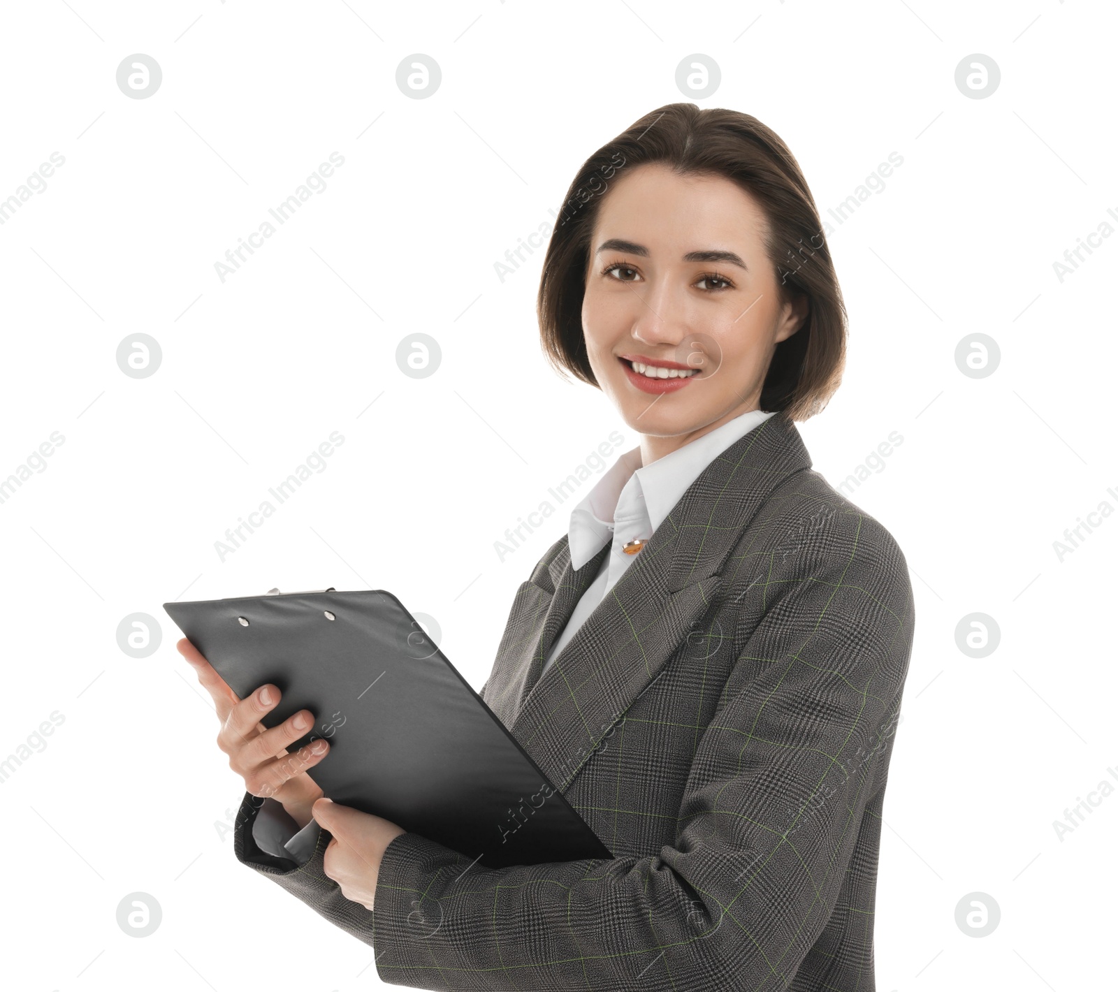 Photo of Portrait of young secretary with clipboard on white background