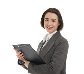 Photo of Portrait of young secretary with clipboard on white background