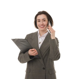 Photo of Smiling secretary with clipboard talking on smartphone against white background