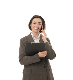 Photo of Smiling secretary with clipboard talking on smartphone against white background