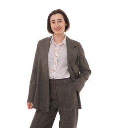 Portrait of confident secretary on white background