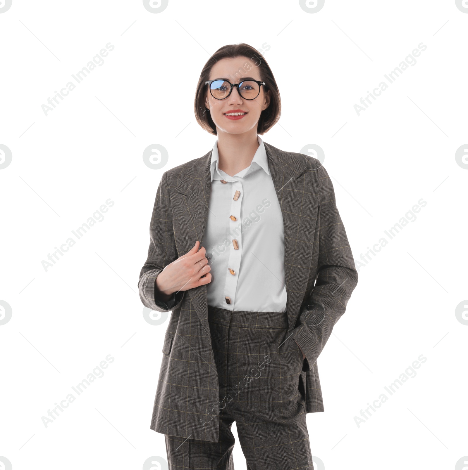 Photo of Portrait of confident secretary on white background