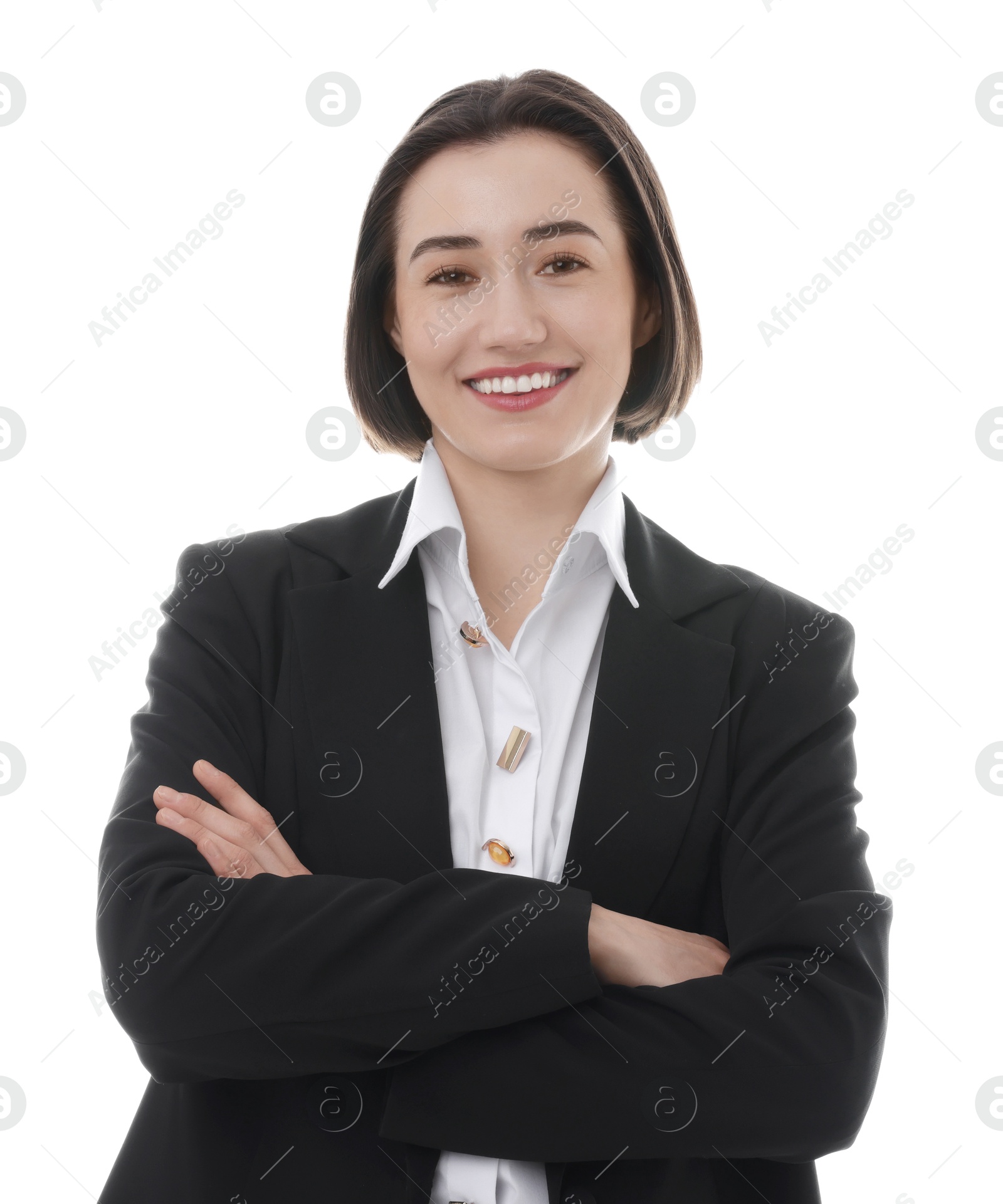 Photo of Portrait of confident secretary on white background