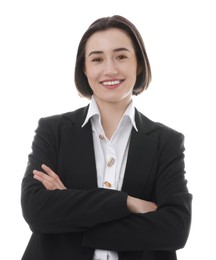 Photo of Portrait of confident secretary on white background