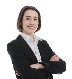 Portrait of confident secretary on white background