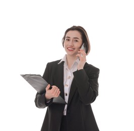 Photo of Smiling secretary with clipboard talking on smartphone against white background