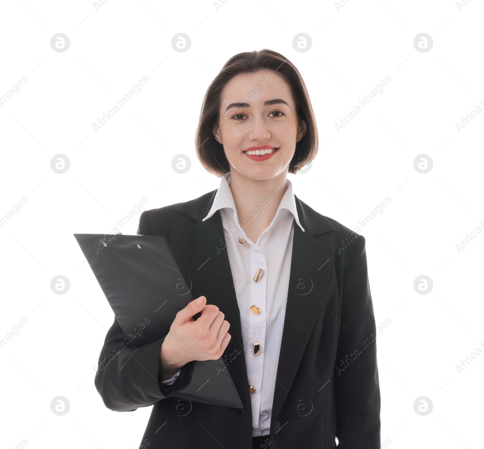 Photo of Portrait of young secretary with clipboard on white background