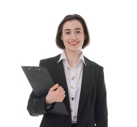 Portrait of young secretary with clipboard on white background