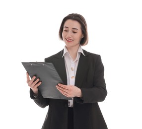 Portrait of young secretary with clipboard on white background