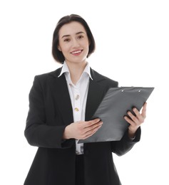 Portrait of young secretary with clipboard on white background