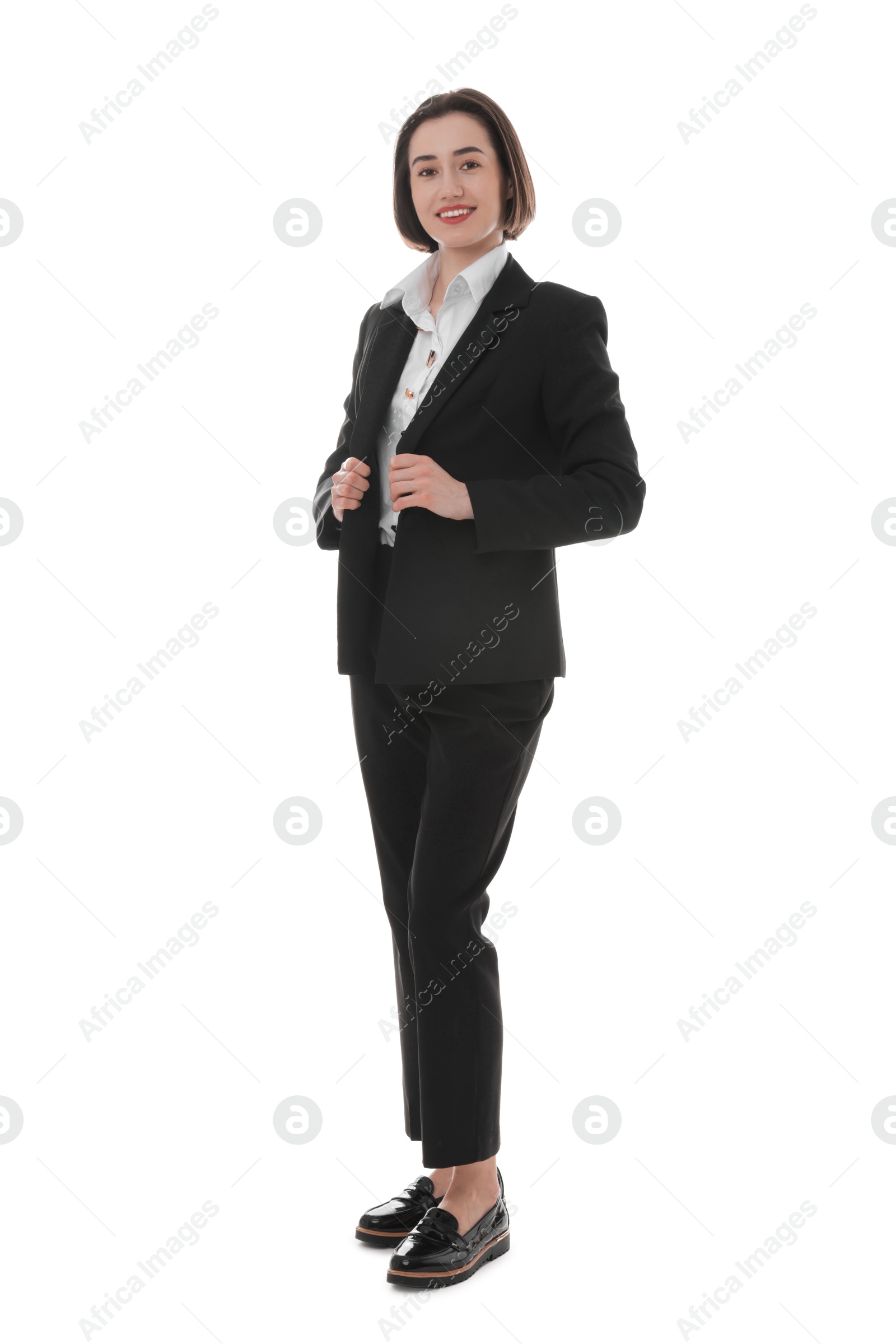 Photo of Full length portrait of confident secretary on white background