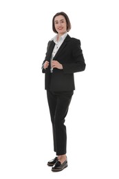 Photo of Full length portrait of confident secretary on white background